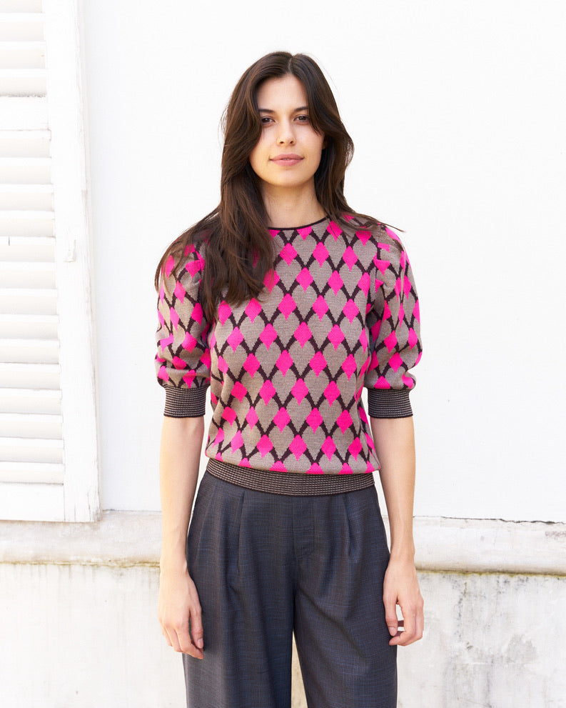 Margaery-Puff Sleeve Geometric Jacquard Sweater-Pink/Beige/Prune
