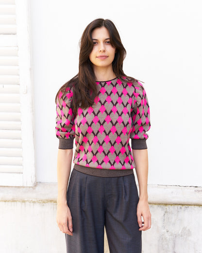 Margaery-Puff Sleeve Geometric Jacquard Sweater-Pink/Beige/Prune