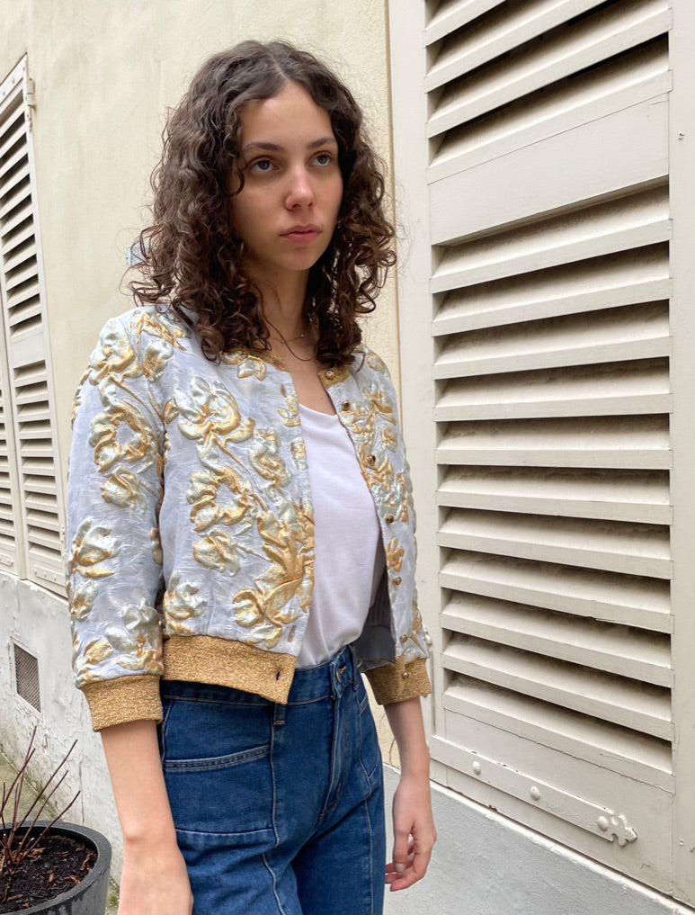 Selina - Silk Brocade Crop Jacket in Gold & Silver Floral Pattern