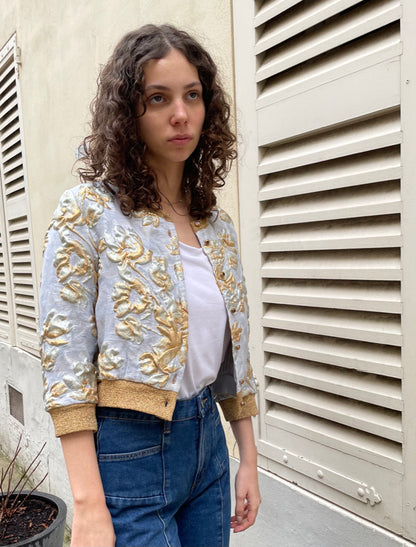 Selina - Silk Brocade Crop Jacket in Gold & Silver Floral Pattern