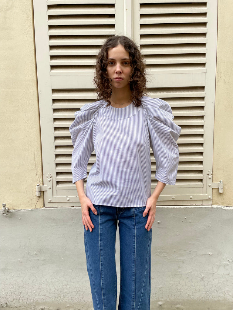 Uma - Pleated Sleeve Top-B & W Stripe
