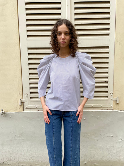 Uma - Pleated Sleeve Top-B & W Stripe