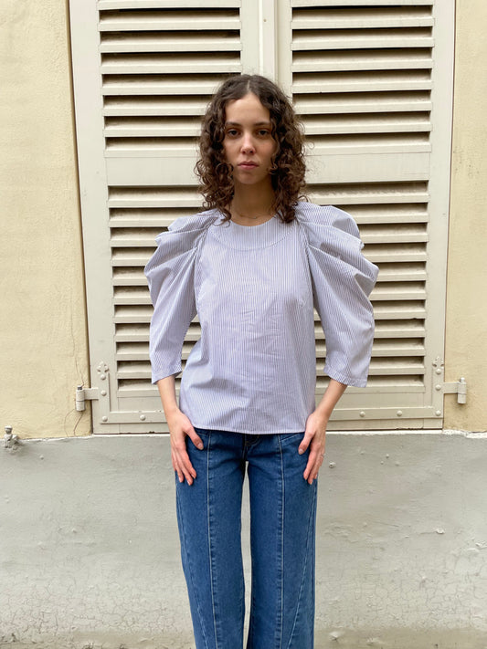 Uma - Pleated Sleeve Top-B & W Stripe