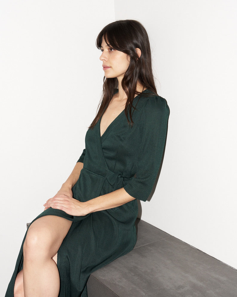 Arwaya - Silk Knit High Waist Wrap Dress - Dark Green
