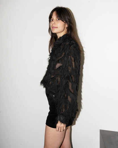 Wanda - Oversized Fringed Organza Shirt - Black - W