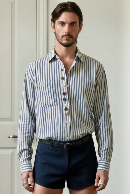 Alec - Oxford Stripe Shirt with mismatched rare buttons