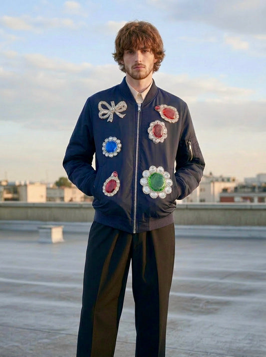Jason - Aviator Puffer Jacket with Jewel Print — Navy Blue