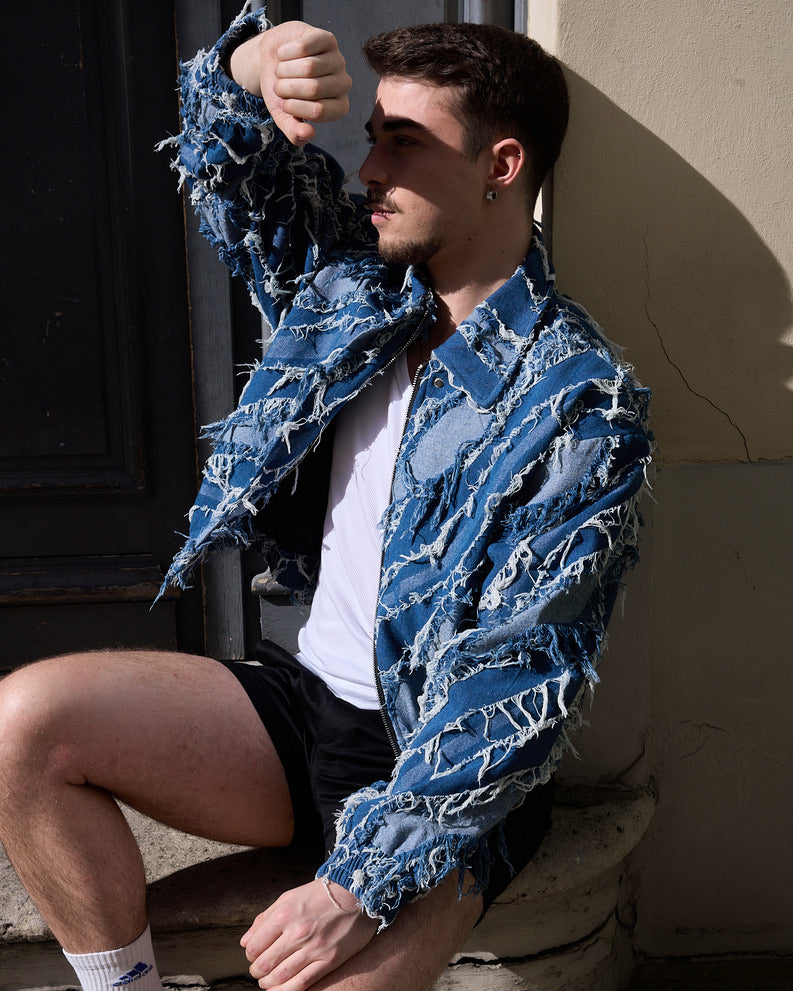 Grayson - Distressed Blue Denim Fringed Jacket - M