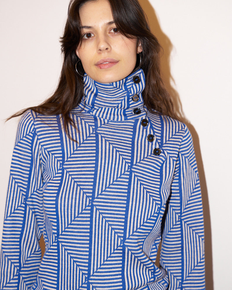 Lhara - Geometric Jacquard Turtle Neck Sweater - Blue