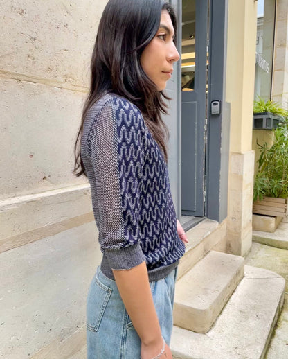 Slim - Wave Jacquard light Sweater - Navy