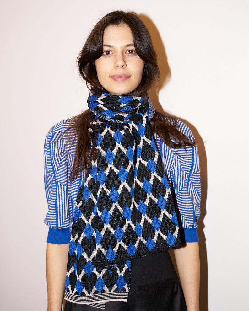 Mirri - Knitted Jacquard Scarf- Blue - F