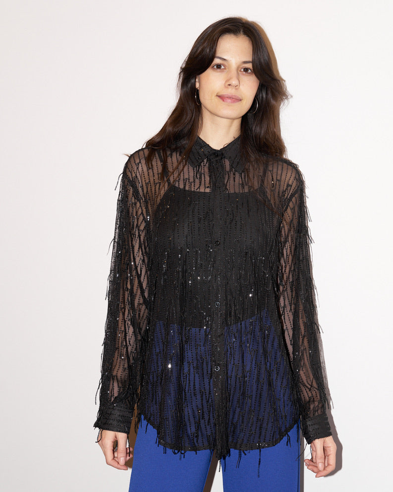 Chelsea - Sequin Fringed Tull Shirt - Black