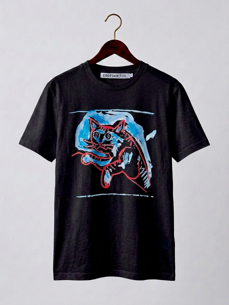 Colin - Contemporary Art Cat Print T-Shirt - Black