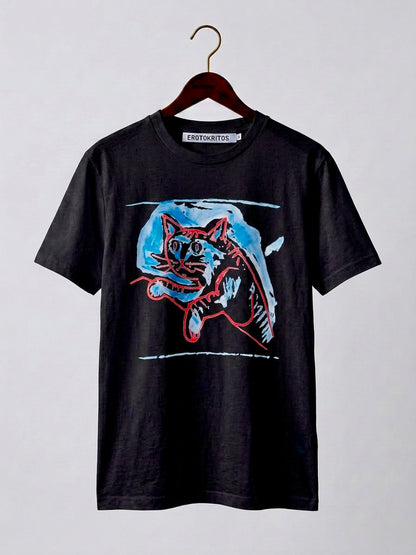 Colin - Contemporary Art Cat Print T-Shirt - Black