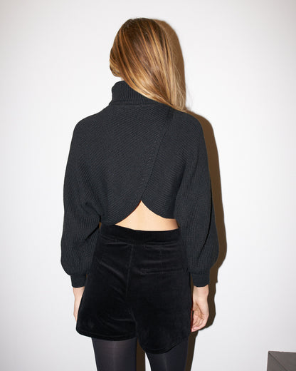 Ava - Crop Knit Petal Turtle Neck Sweater - Black