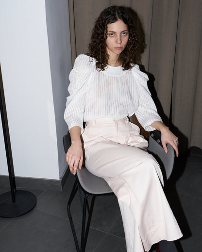 Uma - Pleated Sleeve Top - White on White Stripe