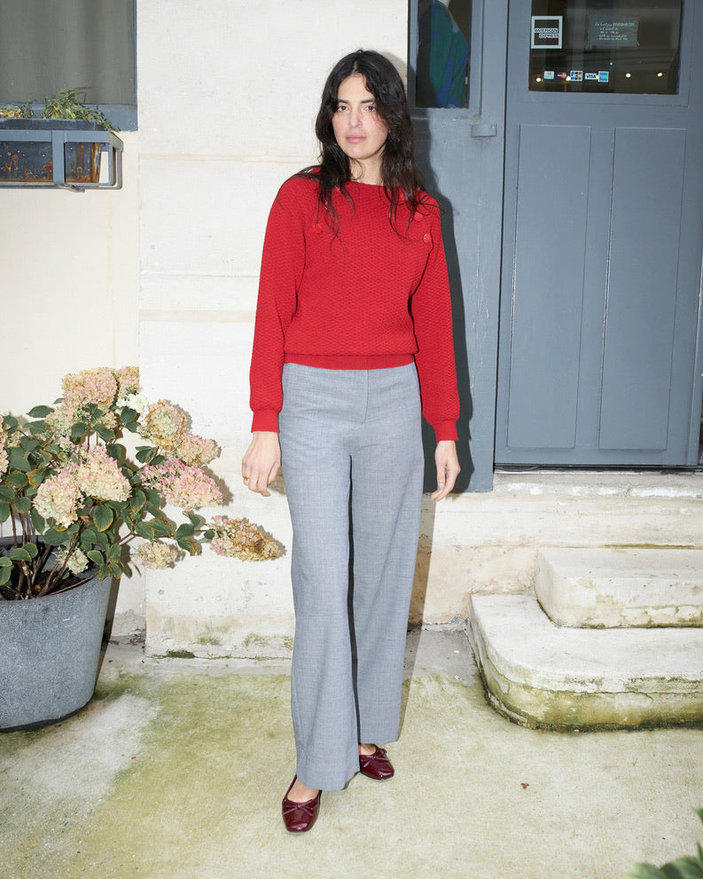 Arya - Textured Boat Neck Sweater - Red