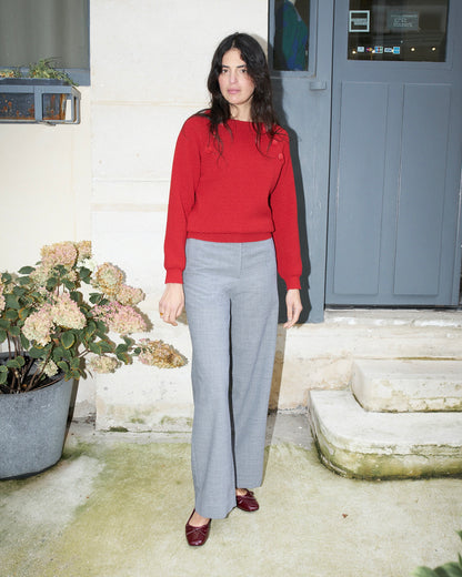 Arya - Textured Boat Neck Sweater - Red