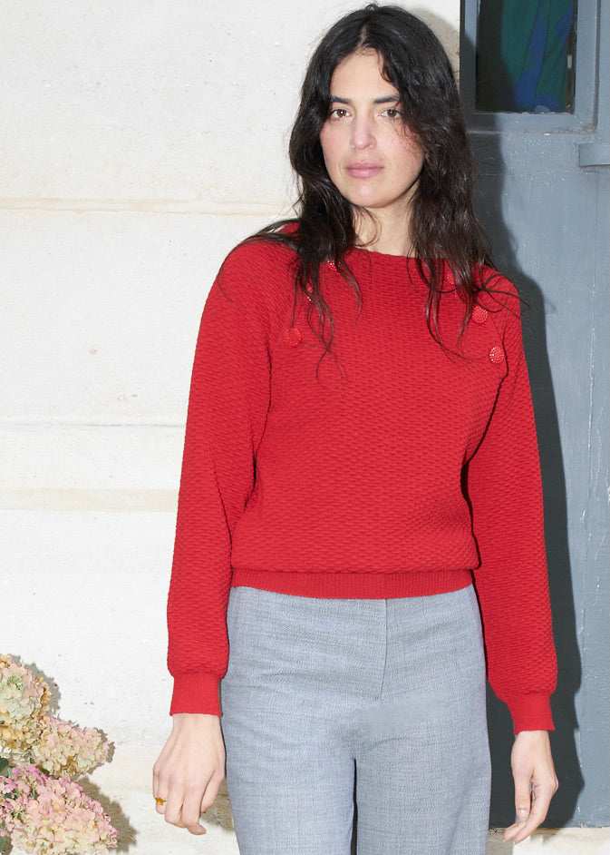 Arya - Textured Boat Neck Sweater - Red