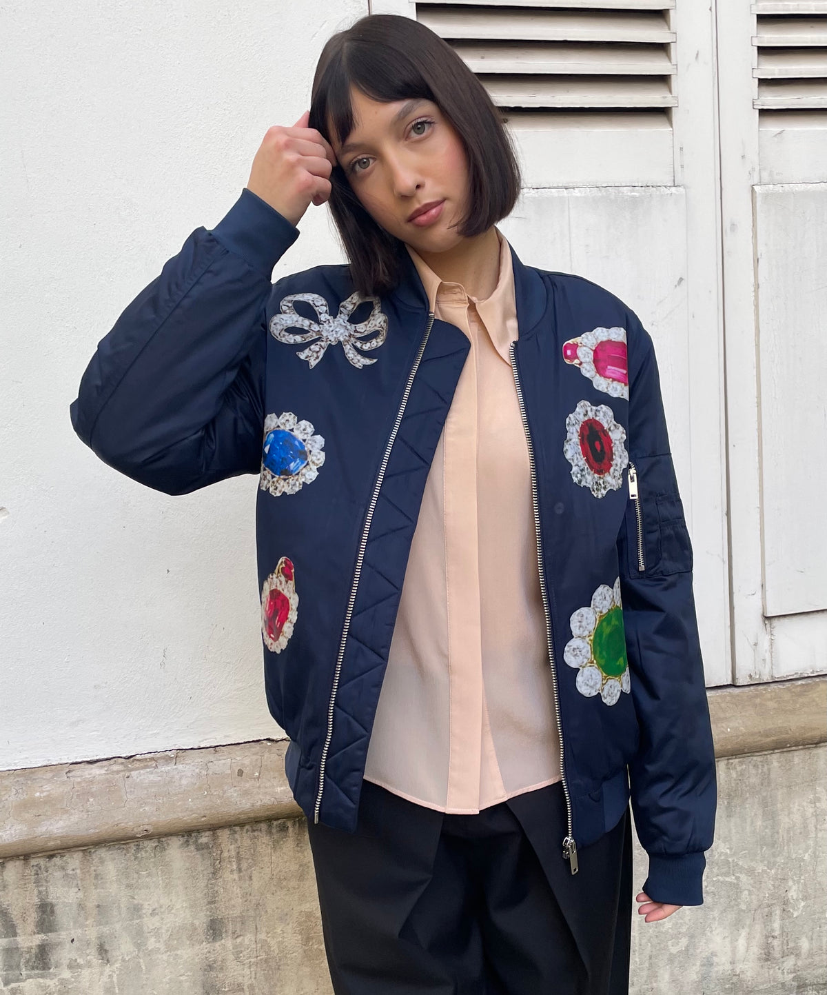 Jason - Aviator Puffer Jacket with Jewel Print — Navy Blue