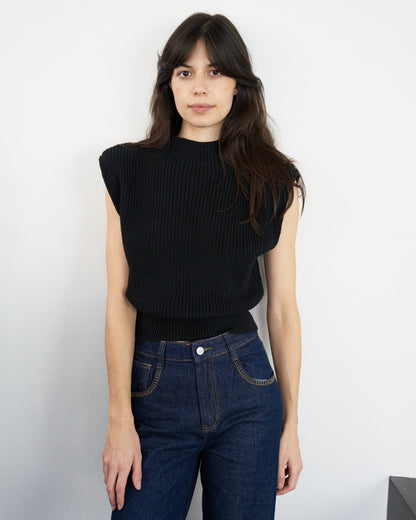Lara - Knitted Vest with Padded Shoulders - Black