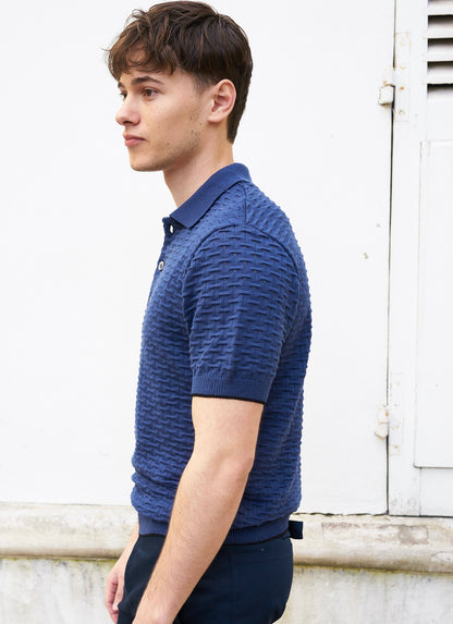 Peter-Textured Knit Polo Shirt-Navy Blue