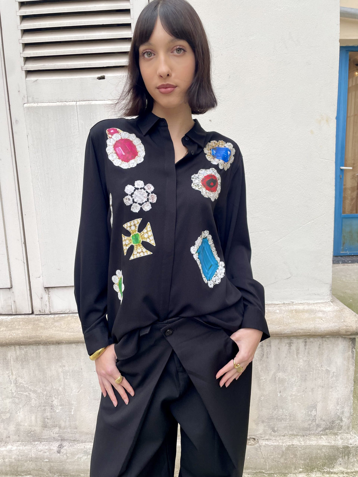 Adan - Jewel Print Oversized Silk Shirt - black
