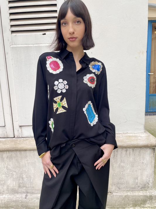 Adan - Jewel Print Oversized Silk Shirt - black