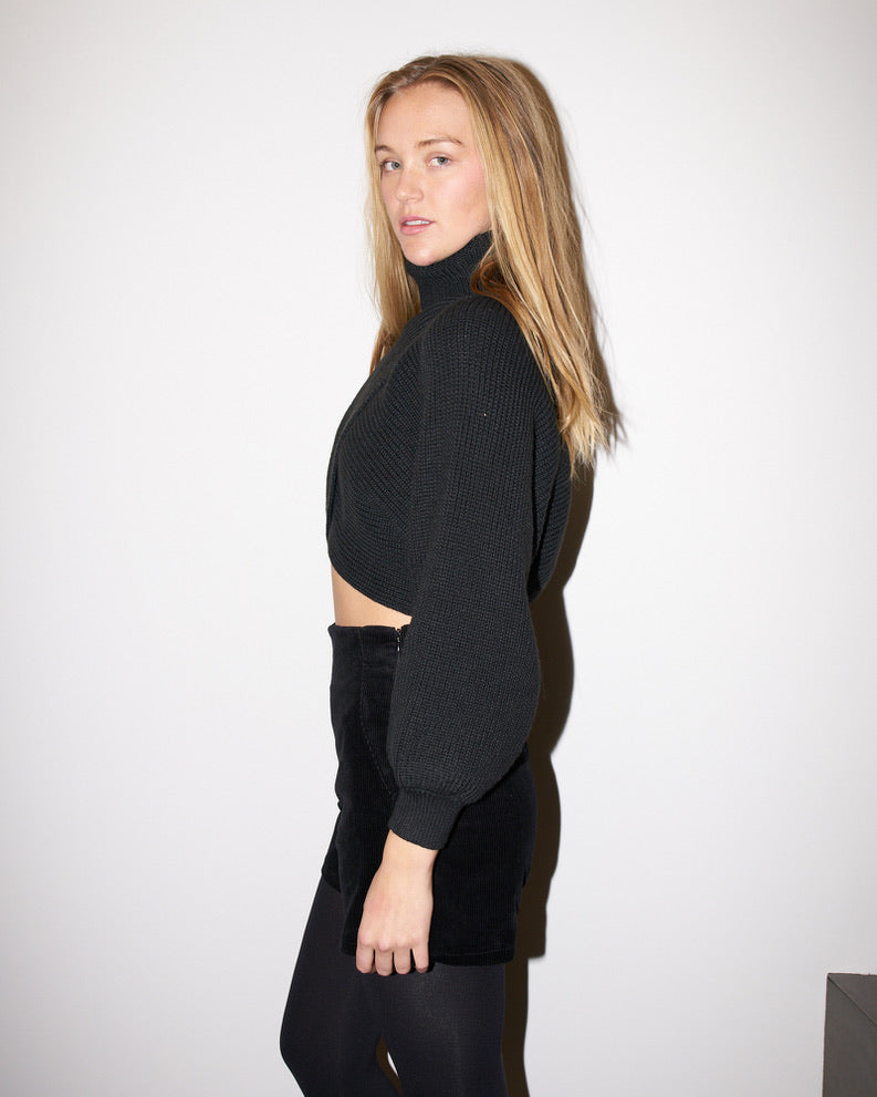 Ava - Crop Knit Petal Turtle Neck Sweater - Black