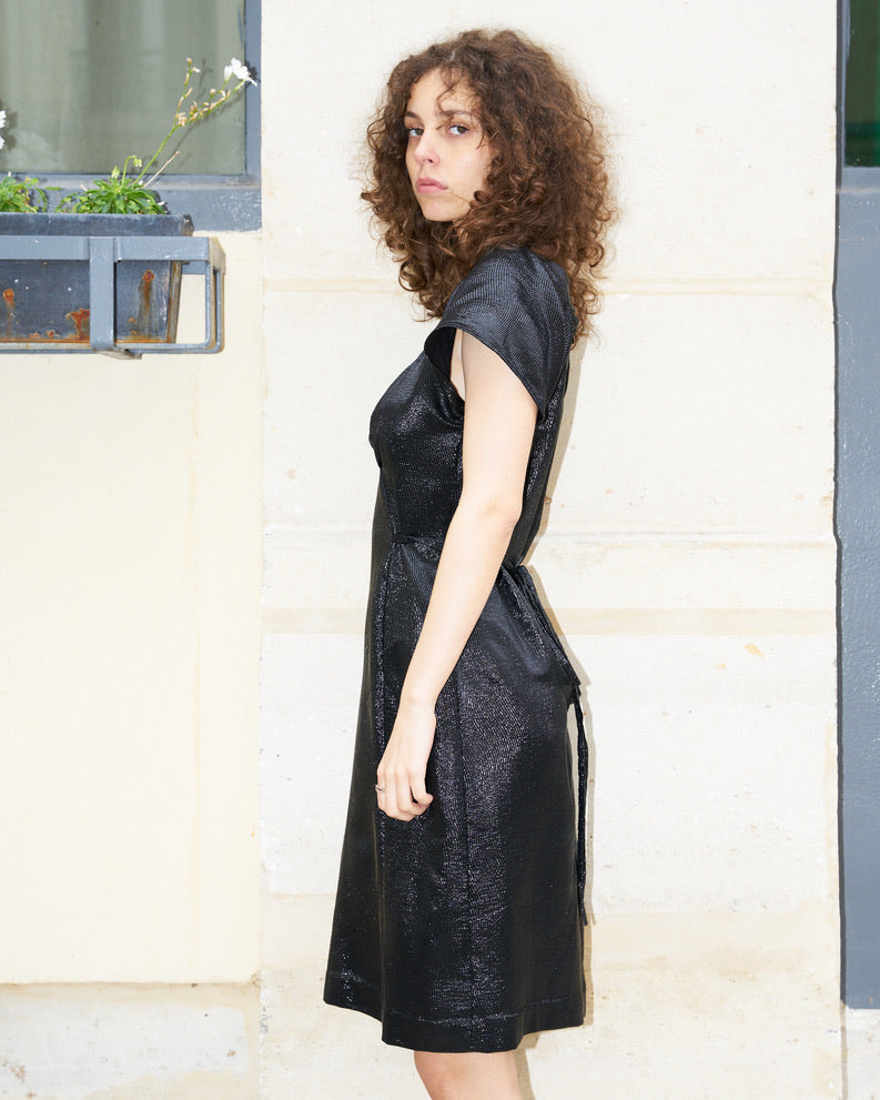 Rebecca-Silk Lamé Black Dress