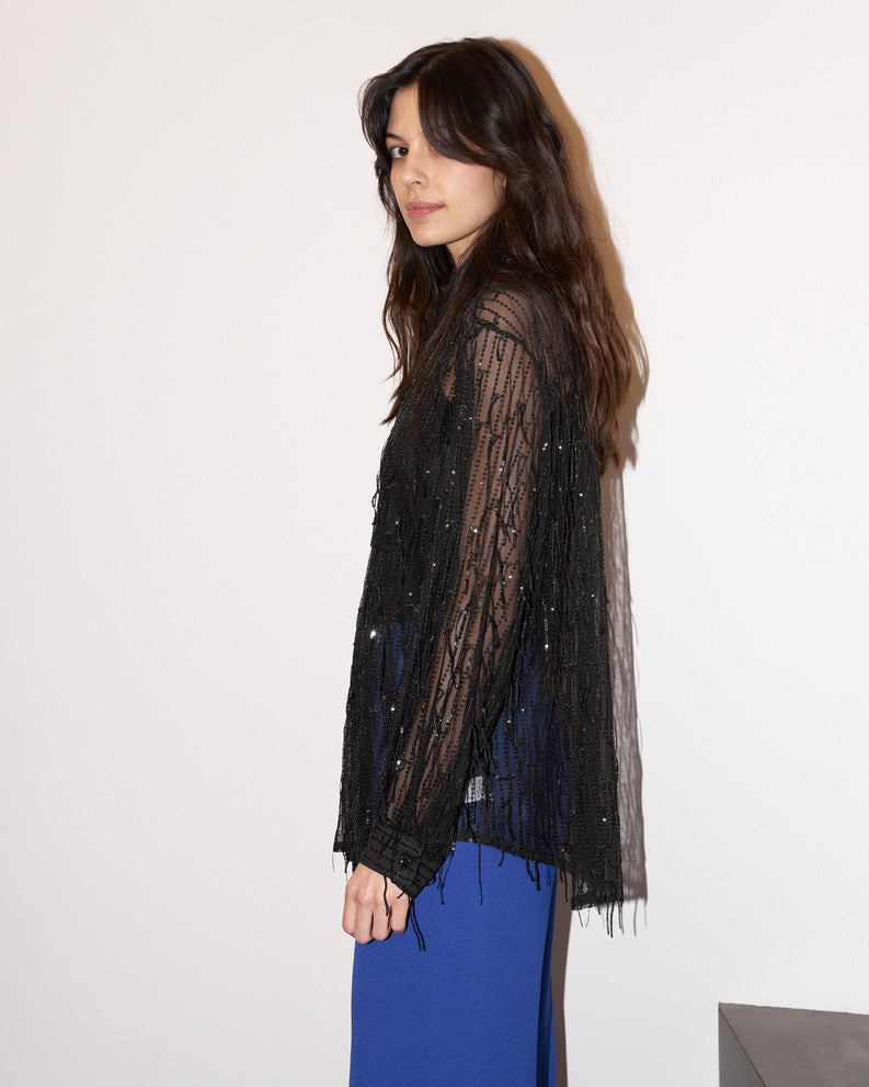 Chelsea - Sequin Fringed Tull Shirt - Black