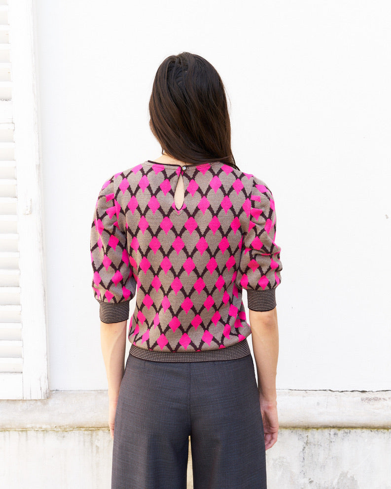 Margaery-Puff Sleeve Geometric Jacquard Sweater-Pink/Beige/Prune