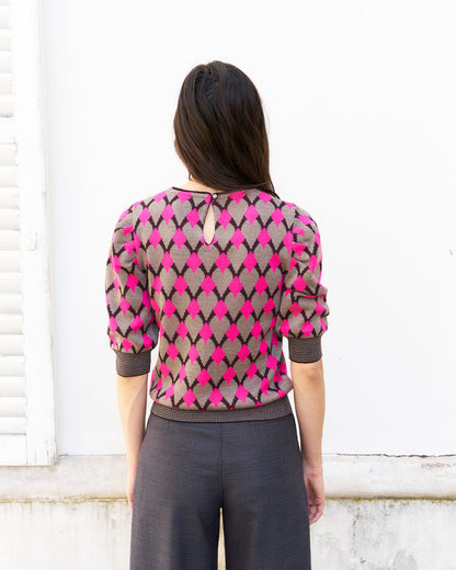 Margaery-Puff Sleeve Geometric Jacquard Sweater-Pink/Beige/Prune