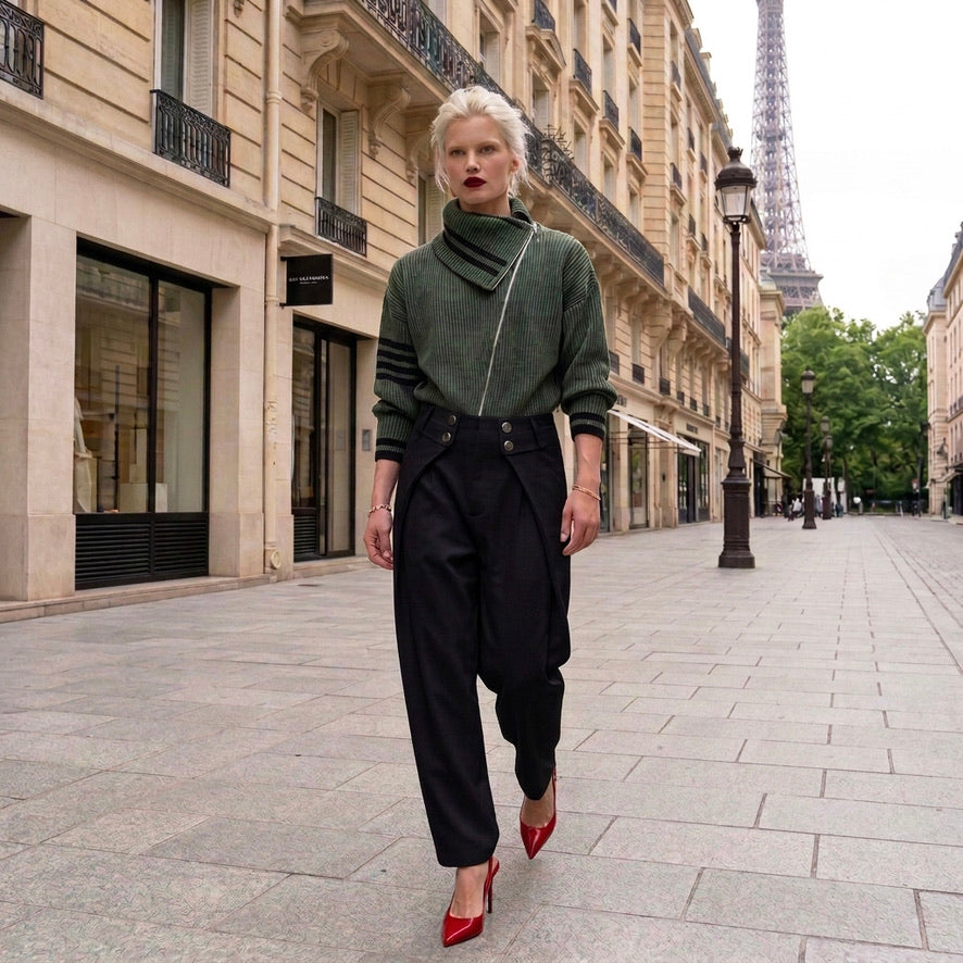 Eddy - High-Neck Diagonal Zip-up Turtleneck Cardigan - Woman