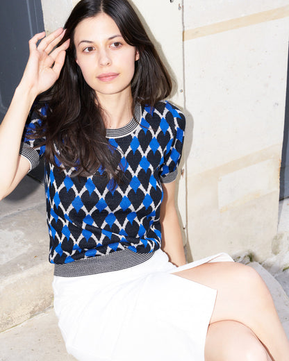 Meera-Graphic Jacquard Sweater With Short Sleeves-Blue/Cream/Black