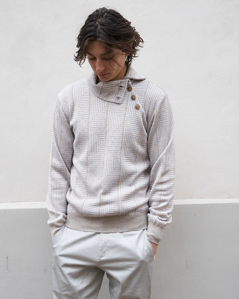 Loras - Geometric Jacquard Turtle Neck Sweater - Pearl