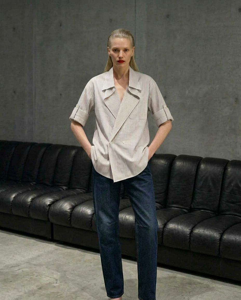 Etna - Striped Cotton Shirt with Draped Lapel
