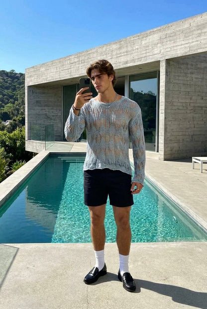 Jamie - Open Knit long sleeve sweater - Dusty Blue