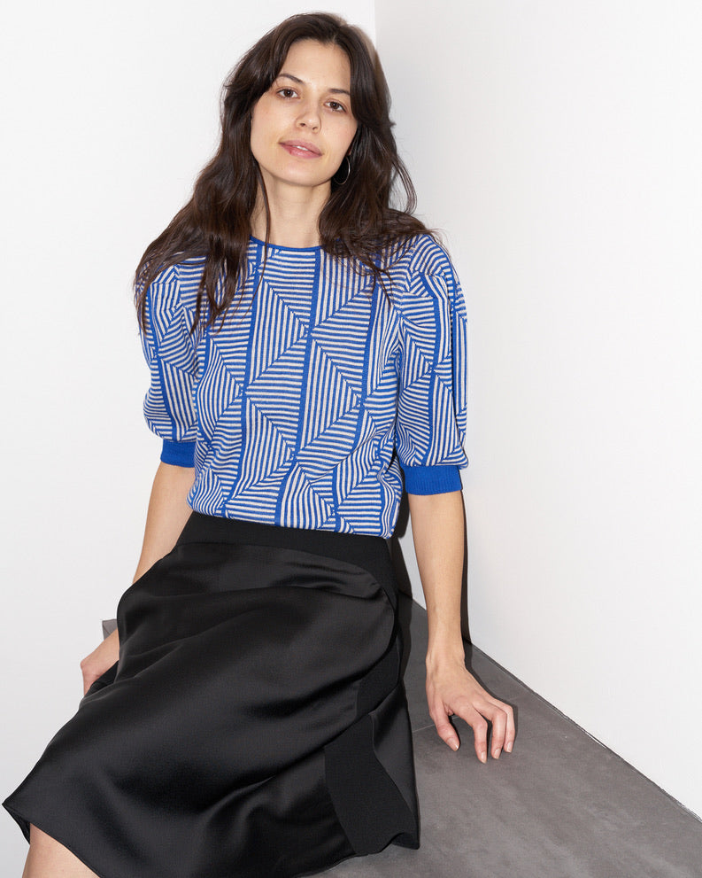 Loreza - Puff Sleeve Geometric Jacquard Sweater - Blue/Ecru