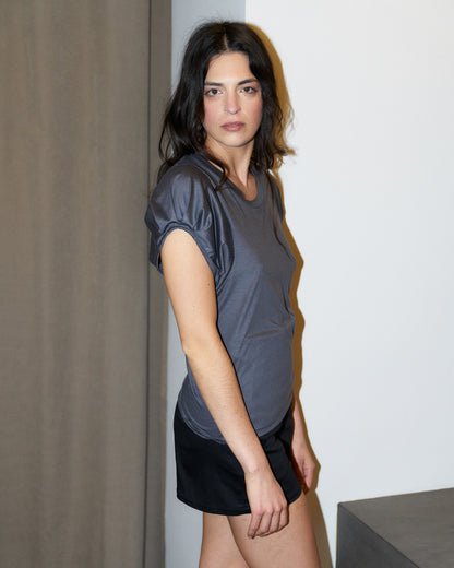 Olivia-Soft Satin Finish Jersey Top-Asphalt Grey