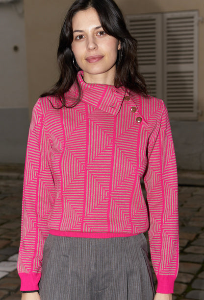 Lhara - Geometric Jacquard Turtle Neck Sweater - Pink
