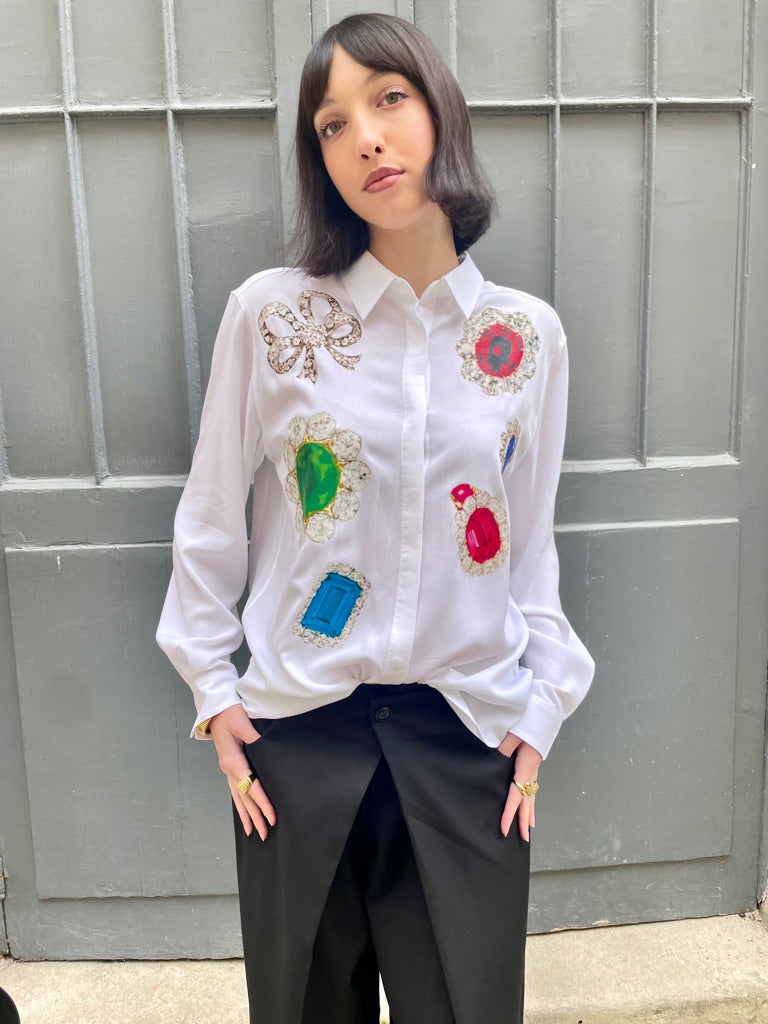 Adan - Jewel Print Oversized Silk Shirt - white