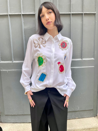 Adan - Jewel Print Oversized Silk Shirt - white