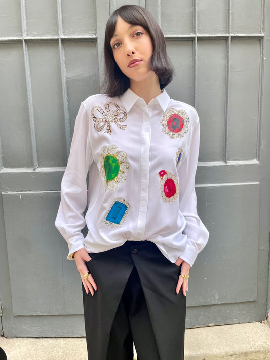 Adan - Jewel Print Oversized Silk Shirt - white