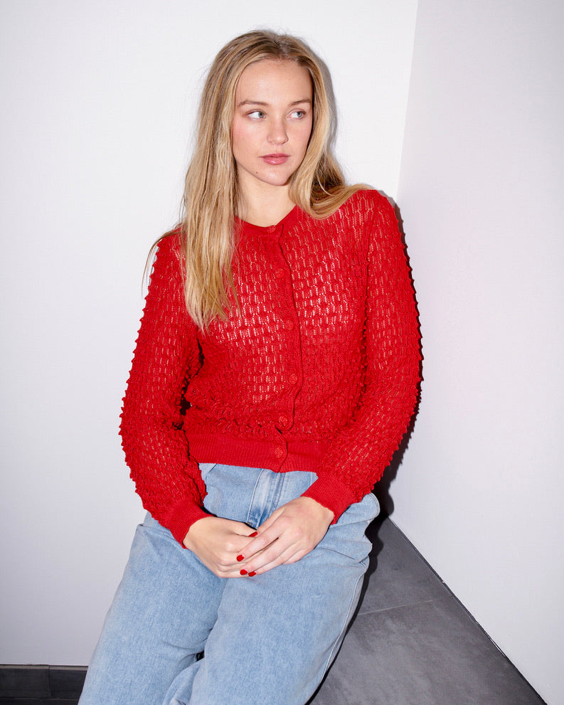 Vanity -  Textured Lace Knit Cardigan - Red