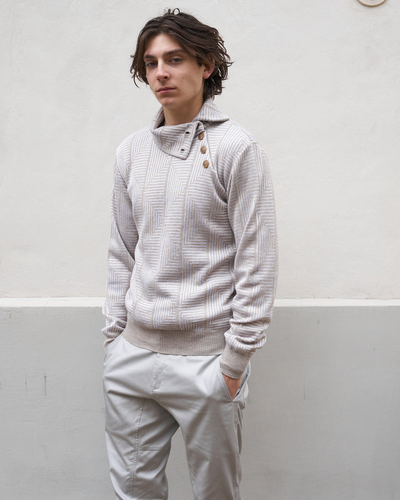 Loras - Geometric Jacquard Turtle Neck Sweater - Pearl