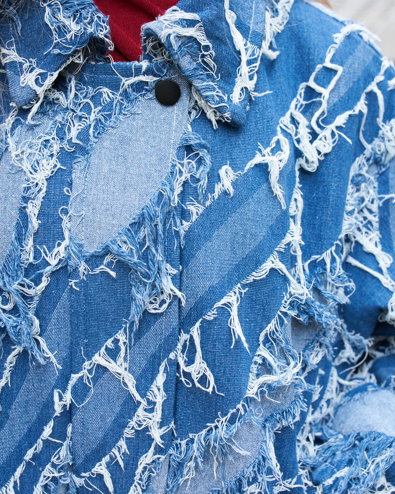 Grayson - Distressed Blue Denim Fringed Jacket
