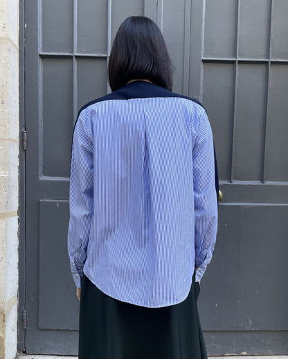 Calum - Hybrid Knit–Shirt Cardigan in Navy & Blue-White Stripe