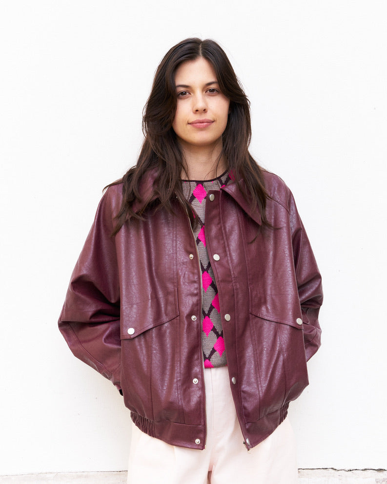 Ramon-Oversized Vegan Leather Retro Jacket-Burgundy