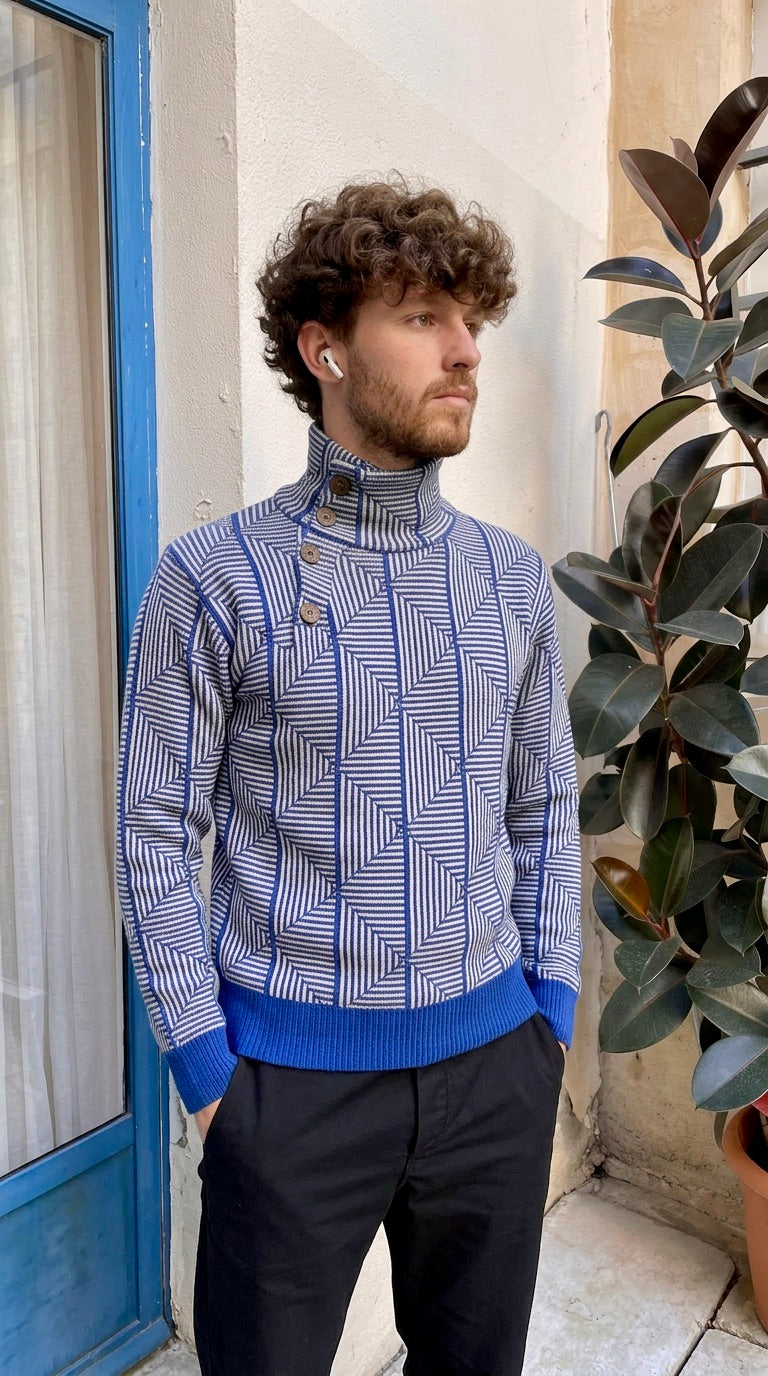 Loras - Geometric Jacquard Turtle Neck Sweater - Blue